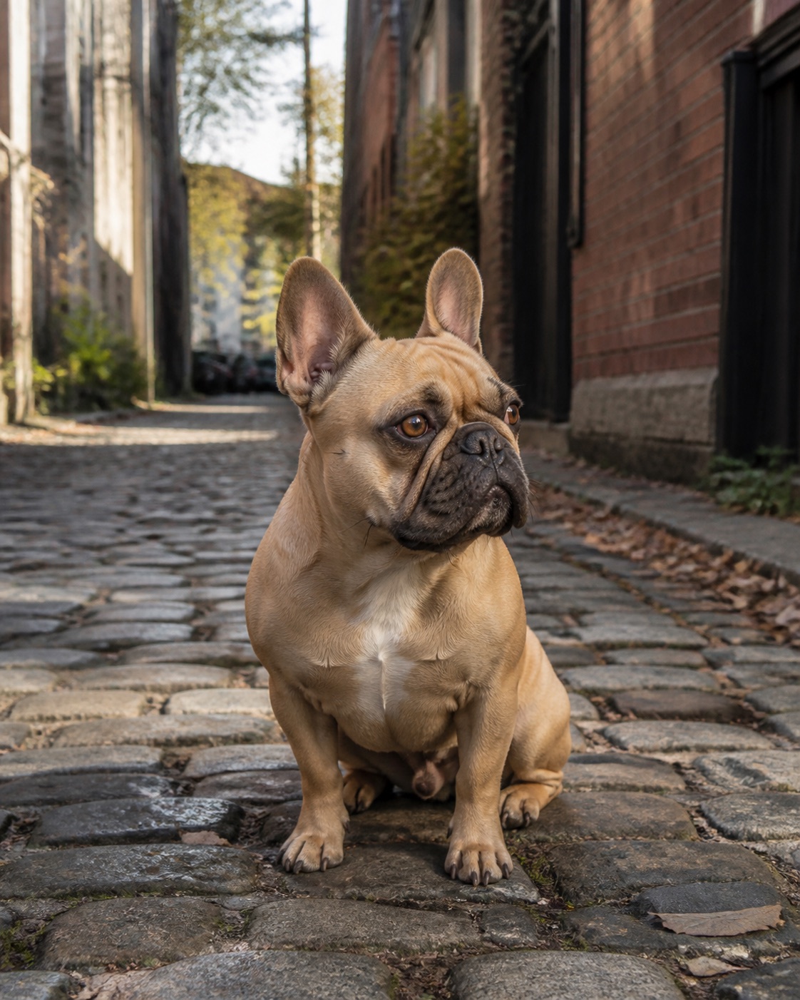 Bella, a French Bulldog, outdoors in Toronto