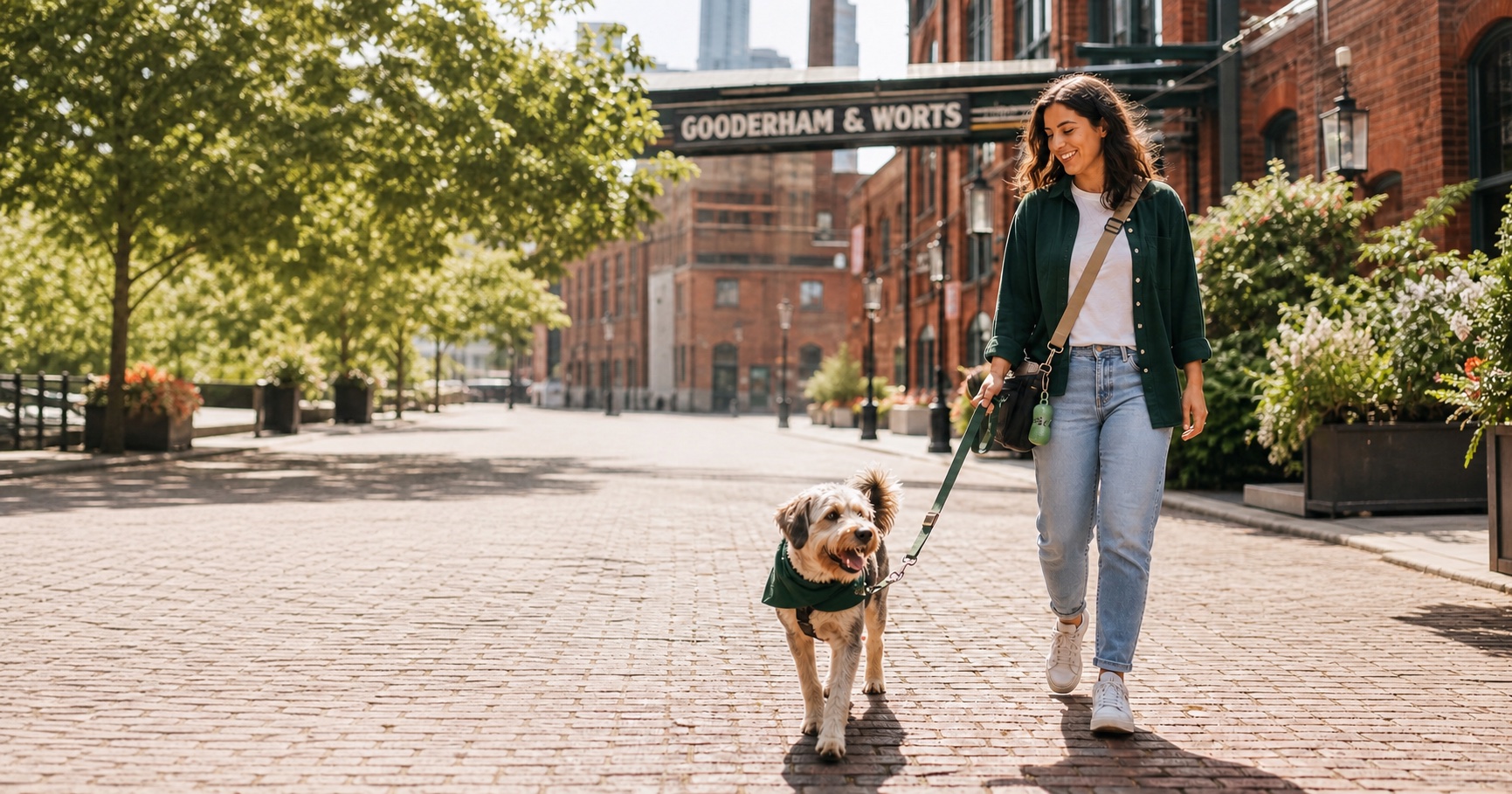 A caregiver walking a dog through Toronto’s Distillery District